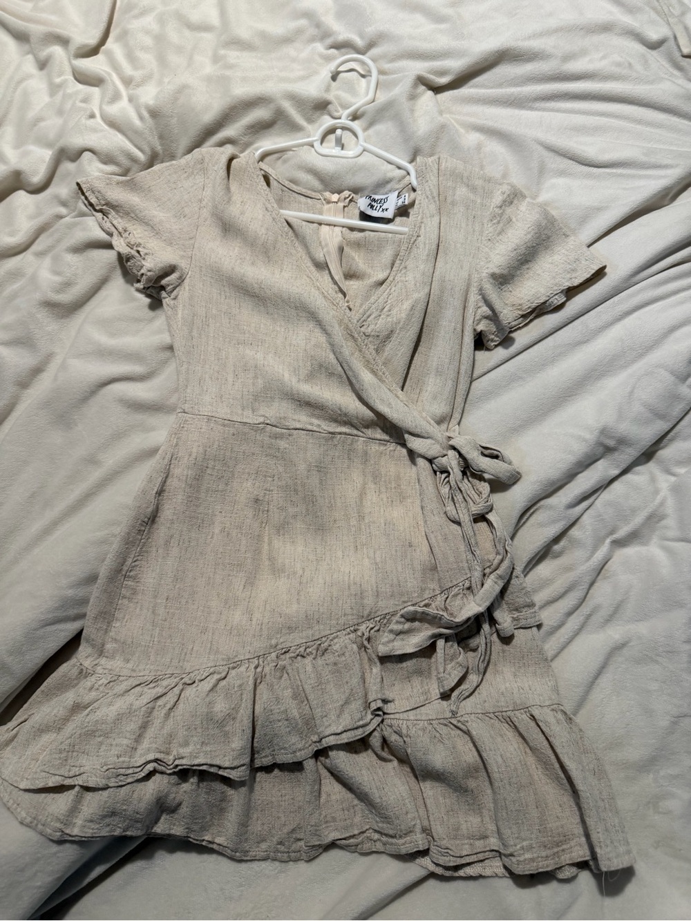 Princess Polly Beige Wrap Ruffle Mini Dress